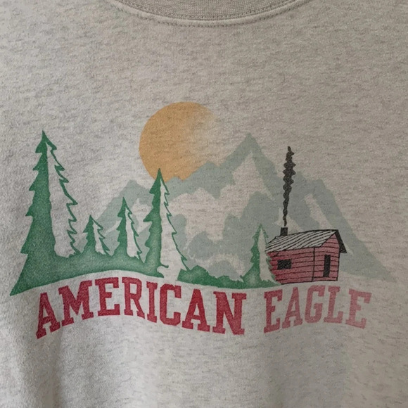 American eagle size medium gray crew neck sweatshirt log cabin pine trees sun - Picture 2 of 11
